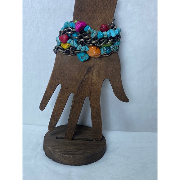 Multicolored‎ Turquoise Stone Bracelet Silver Tone Chain Boho Statement